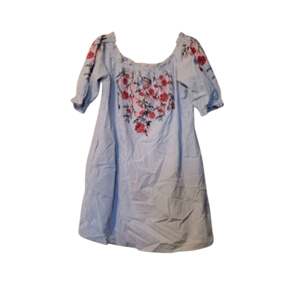 Signature Studio Blue White Striped Floral Cottage Dress Size Medium 100% Cotton